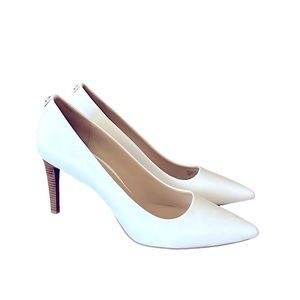 White Michael Kor’s Shoes with brown Heels/ Gold Hardware
